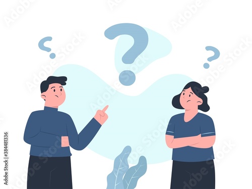 Man and woman thinking with question mark