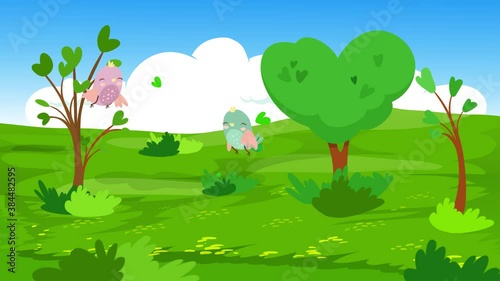 nature background 4k animation ,flying birds,trees motion in the wind,clouds in the sky