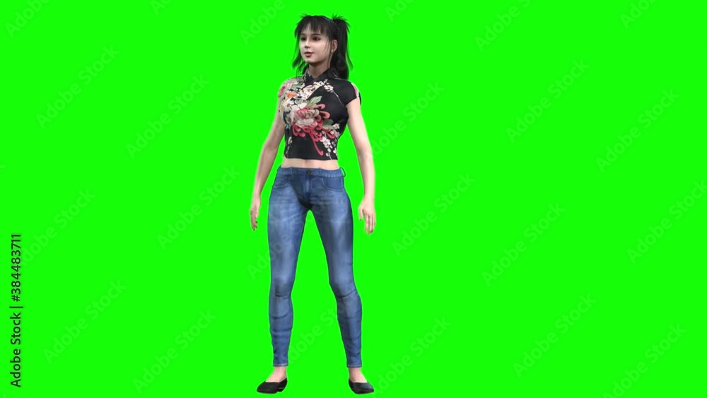 3d animation of a young dark haired avatar female in a colourful top and tight jeans, stands and looks around her. 3d animation of a young dark haired avatar female in a colourful top and tight jeans, stands and looks around her.