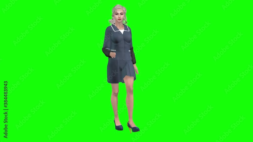 3d animation, a avatar girl dressed in a blue uniform walks along and stands talking. 3d animation, a avatar girl dressed in a blue uniform walks along and stands talking.