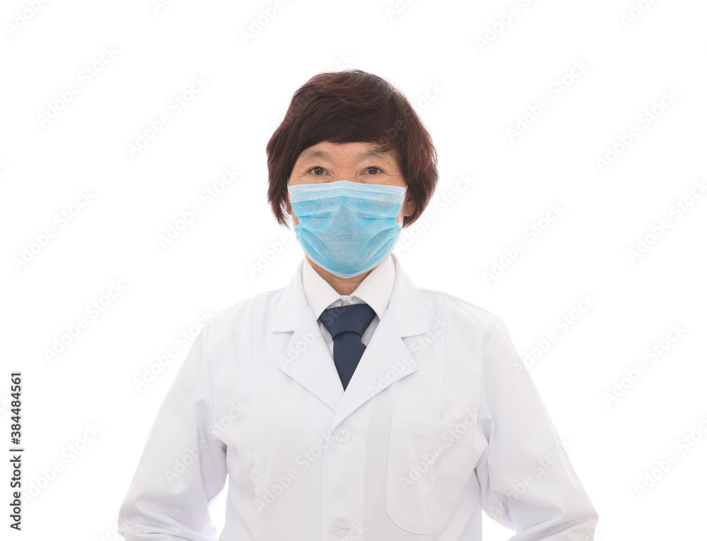 Female doctor wearing a mask in front of white background Female doctor wearing a mask in front of white background
