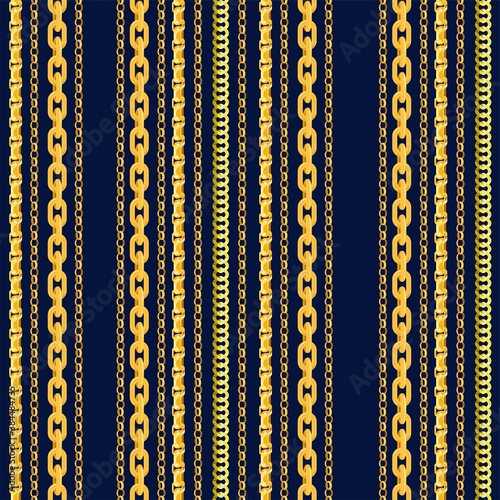 Seamless chain pattern. Gold chains elements  vector golden jewellery endless objects for necklaces and chains isolated on dark blue