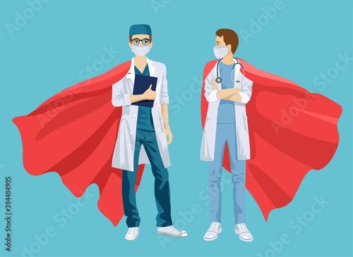 Super doctor and nurse wearing medical masks and capes, superhero couple. Doctors man and woman in superhero. Cartoon vector flat style. Superhero red cloak.