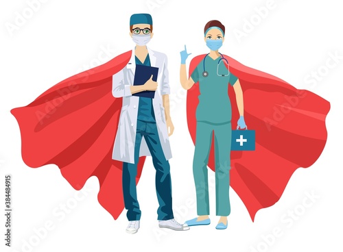 Super doctor and nurse wearing medical masks and capes, superhero couple. Doctors man and woman in superhero. Cartoon vector flat style. Superhero red cloak