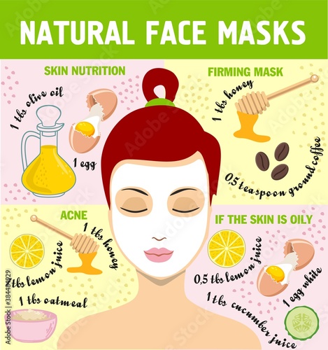 Beautiful woman with the handmade face-pack during the cosmetological procedure. Woman applying face mask. Mask recipe with natural ingredients. Care for skin. Cartoon vecton illustration.