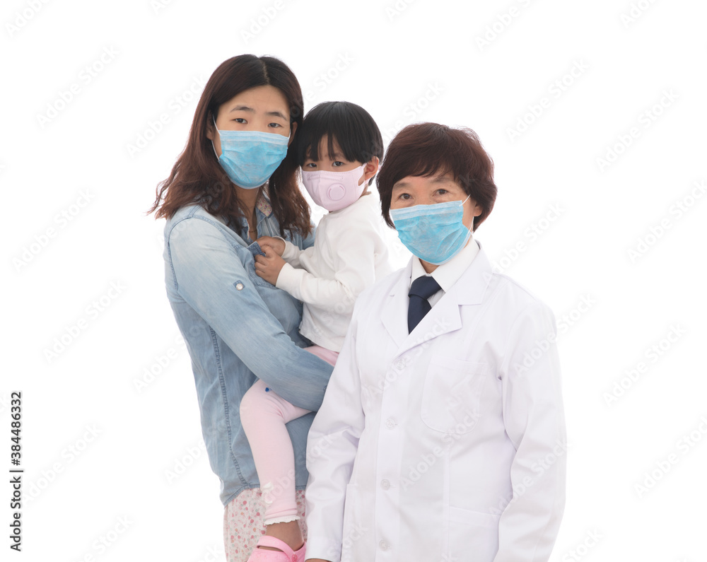 Doctors wearing masks and mother and daughter wearing masks