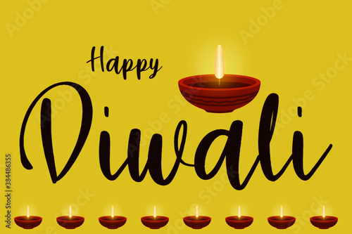 Happy Diwali typography text with diwali diya social media banner flyer poster. Diwali 2020 calligraphy text vector illustration.