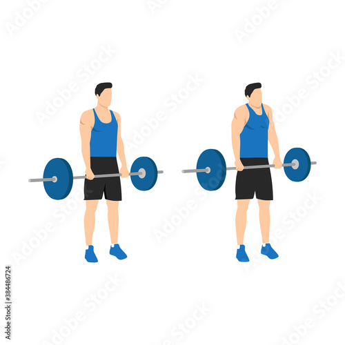 Sports silhouettes. Workout, man in shorts doing sport. shoulder Shrugs with weight. barbell