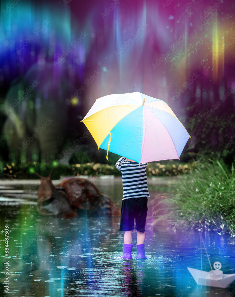A boy holding a colorful umbrella with his imaginary parallel world.