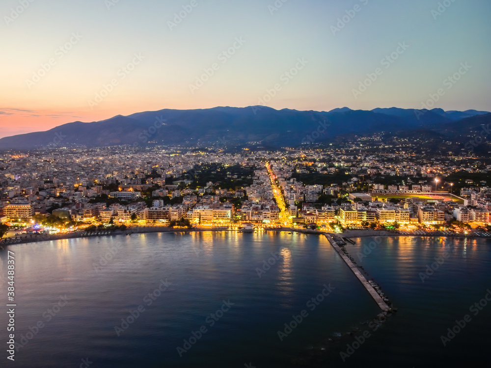 Aerial view of Kalamata port at dusk, one of the biggest ports in Peloponnese, Greece