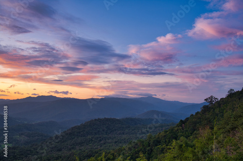 Sunset in the mountains, Laos, view from Phu Hua Hom National Park, Na Haeo District, Loei Province