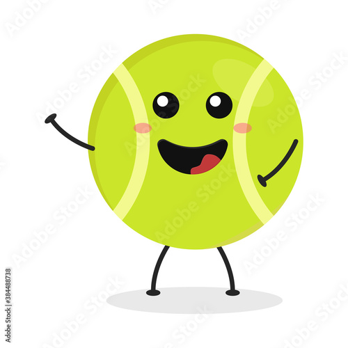 Cute flat cartoon tennis ball illustration. Vector illustration of a cute tennis ball with a smiling expression.