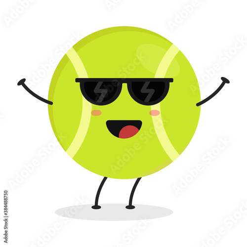 Cute flat cartoon tennis ball illustration. Vector illustration of a cute tennis ball with a smiling expression.