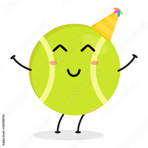 Cute flat cartoon tennis ball illustration. Vector illustration of a cute tennis ball with a smiling expression.