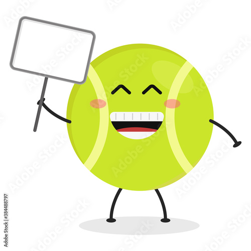Cute flat cartoon tennis ball holding a sign illustration. Vector illustration of a cute tennis ball with a smiling expression.
