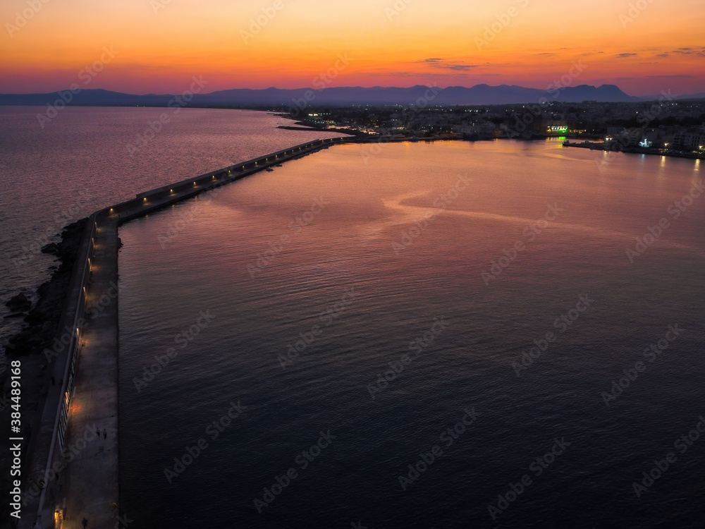 Aerial view of Kalamata port at dusk, one of the biggest ports in Peloponnese, Greece