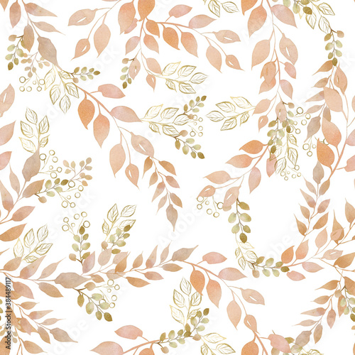 Watercolor seamless pattern with autumn leaves. 