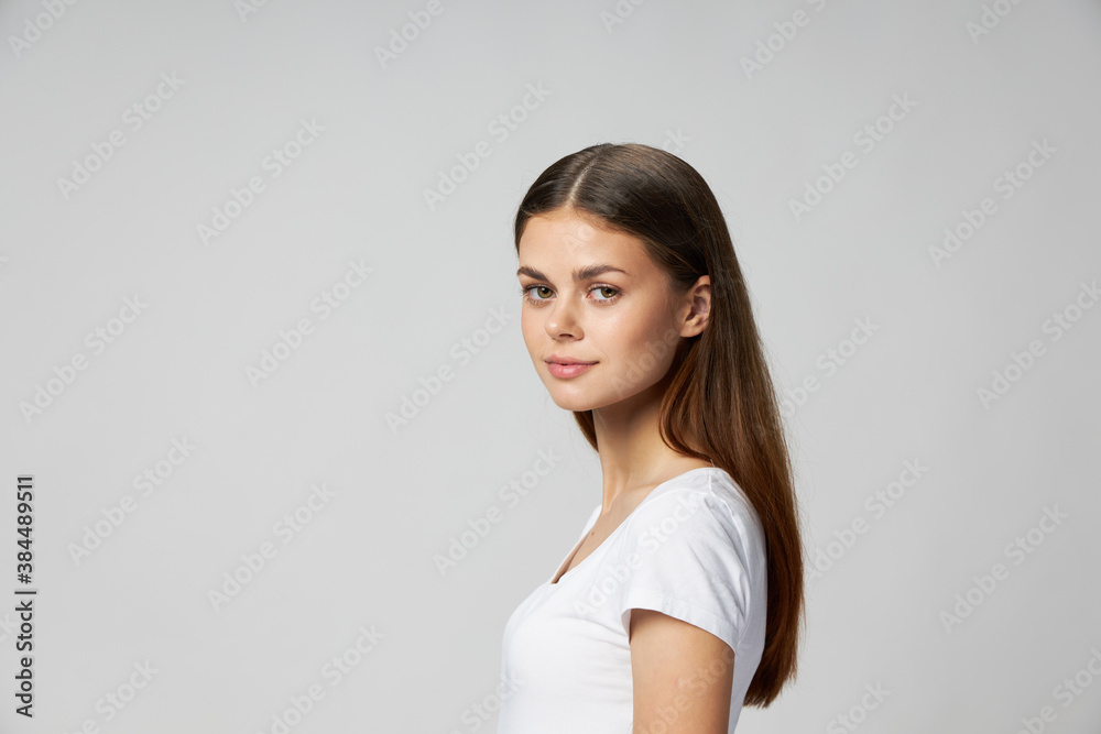 Pretty woman attractive look white t-shirt cropped view Pretty woman attractive look white t-shirt cropped view