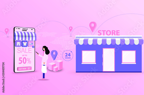 Concept of online to offline shopping, young women hold a smartphone to order a new shoe and going to pick up at store in pink and purple theme background.