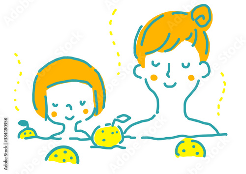 ゆず湯を楽しむ親子のシンプル手描きイラスト