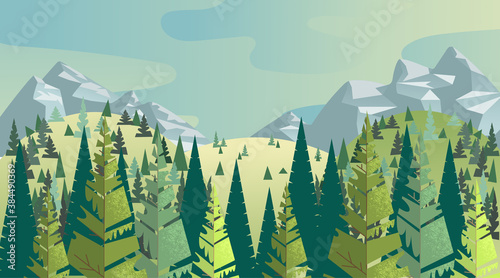 Mountain landscape view. Snow covered mountains, valleys and deep pine forest. Flat trendy style. Travel, tourism and hiking template. Vector illustration.