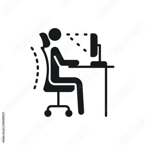 Ergonomic workplace icon. Computer desk workstation infographic. correct postures office syndrome of back body position for spine, neck care, eye sight. Solid, Glyph style. Vector illustration. EPS 10