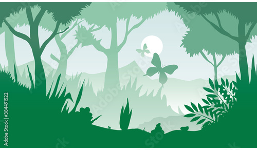 illustration of green forest and butterflies flat design vector