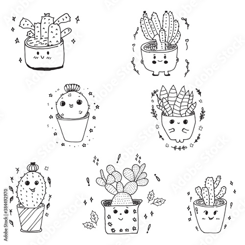 Cactus set cartoon hand drawn cute doodle style