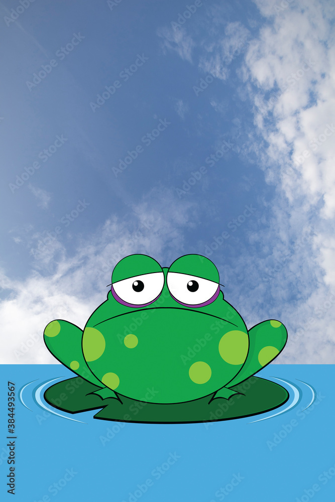 Comical miserable looking frog sat on a lily pad set against a blue cloudy daytime sky