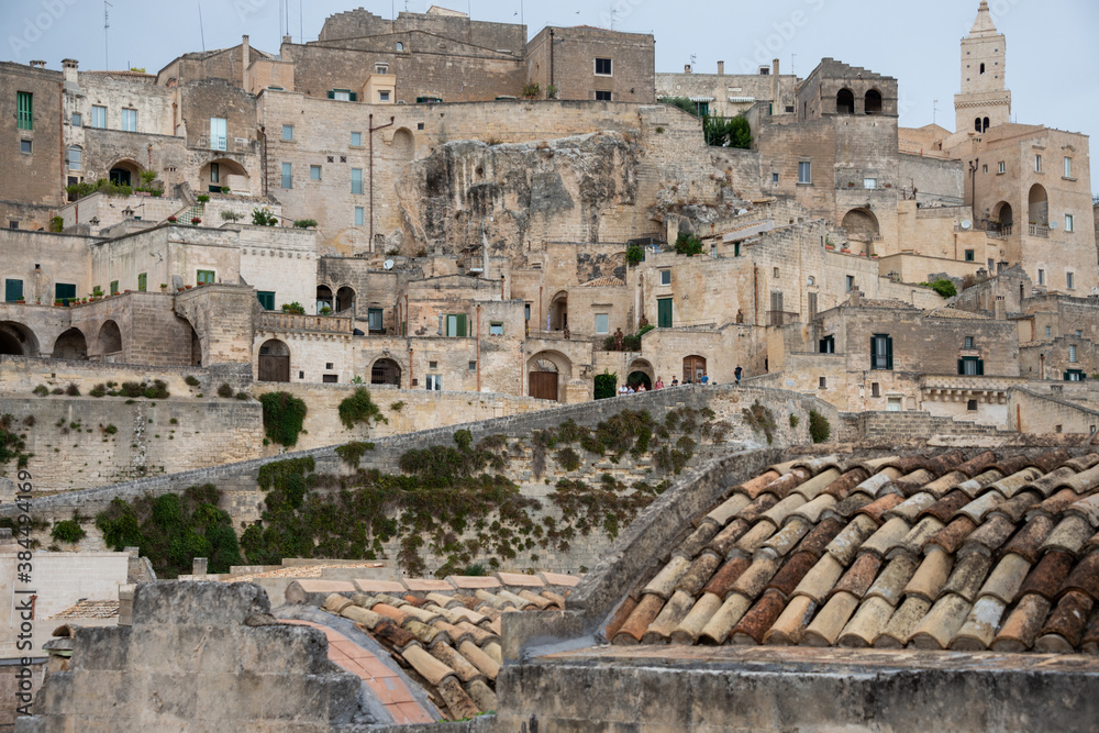 view of the sassi of Matera city located on a rocky outcrop in Basilicata