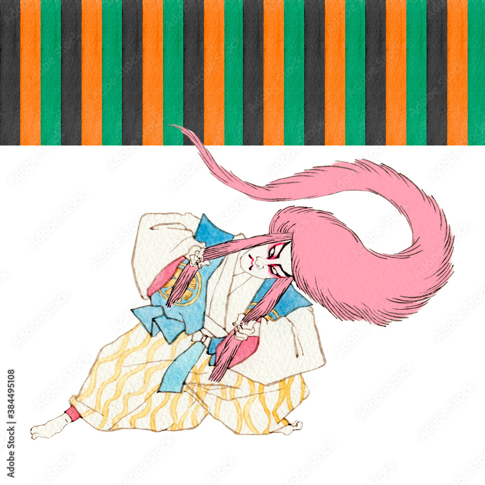 むきみ隈 連獅子 赤 歌舞伎 隈取り 水彩 イラスト Stock Illustration Adobe Stock