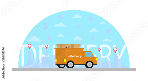 Cargo truck with city scape background surround Payment and Business symbols with delivery text. Goods delivery. Shopping online. Technology concept.  Transportations concept.  © StepPure