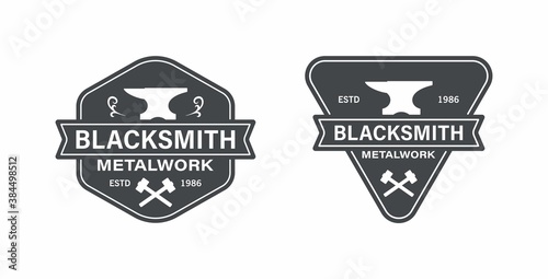 Set of black and white illustrations of anvil, forged patterns, crossed hammers, text and vintage ribbon on a white background. Vector illustration for logo, emblems, stickers. Blacksmith services. 