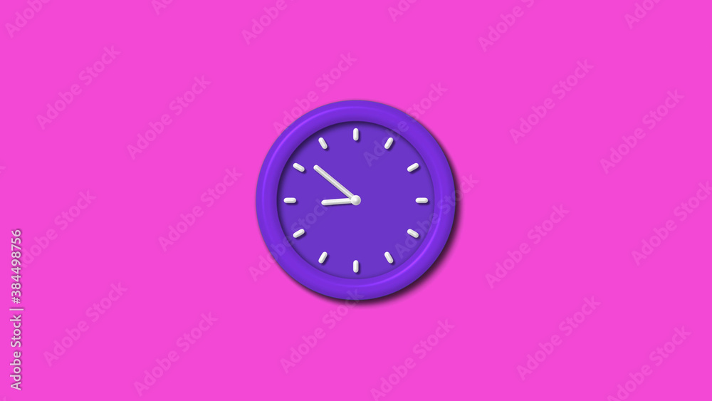 Purple color 3d wall clock isolated on pink background,12 hours 3d wall clock