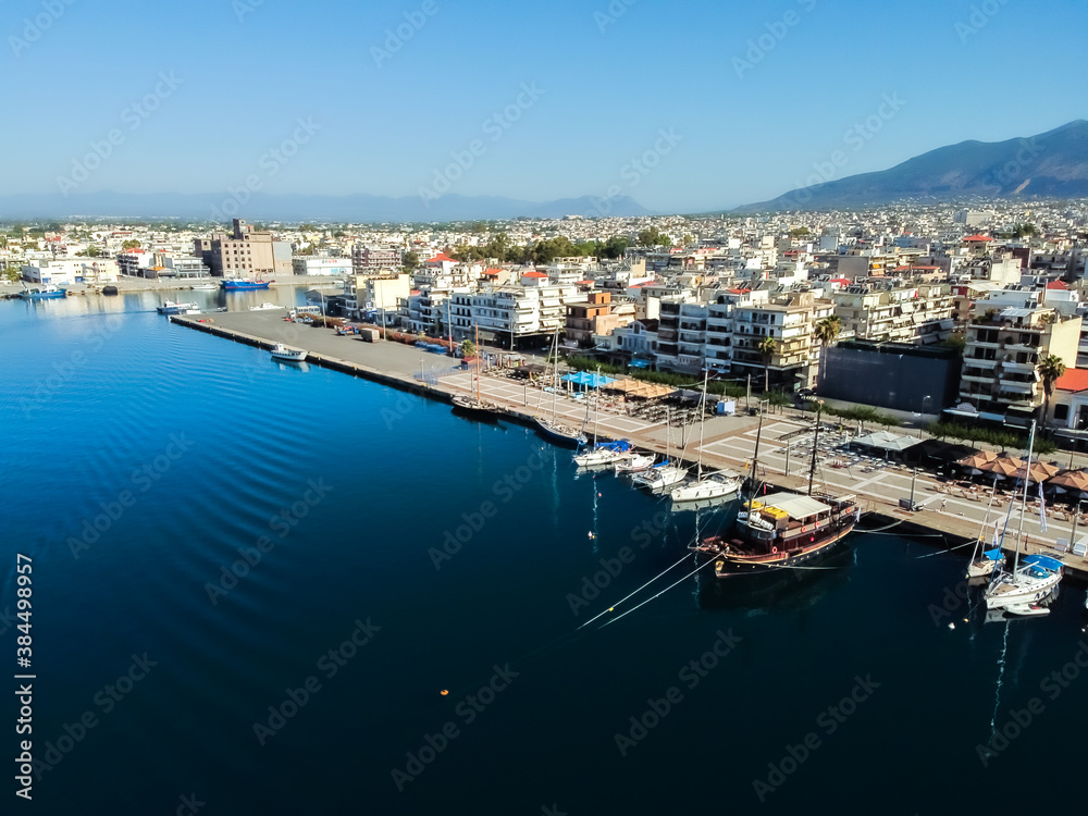 Aerial view of Kalamata port at daylight, one of the biggest ports in Peloponnese, Greece