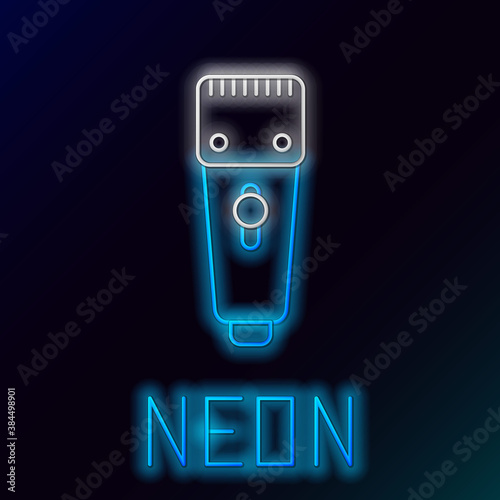 Glowing neon line Electrical hair clipper or shaver icon isolated on black background. Barbershop symbol. Colorful outline concept. Vector.