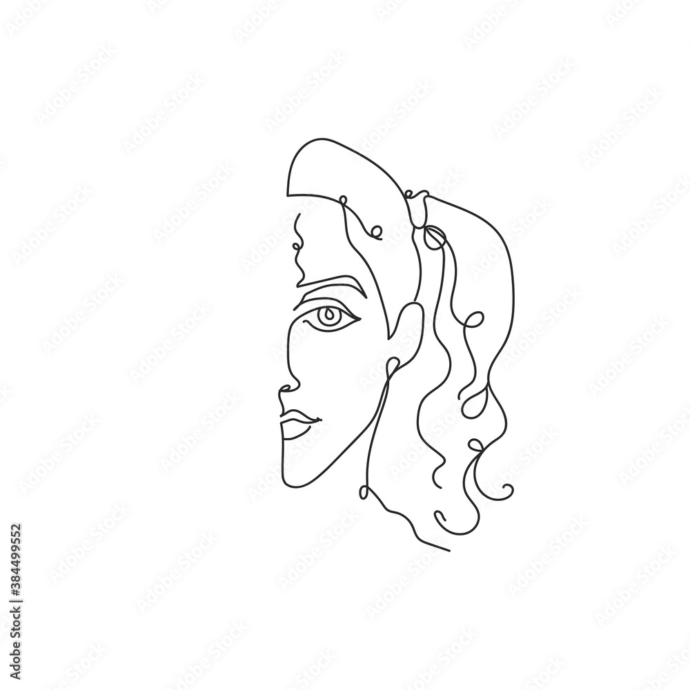 Beautiful girl with ponytail   one line drawing, in continuous line drawing style vector illustration on white background