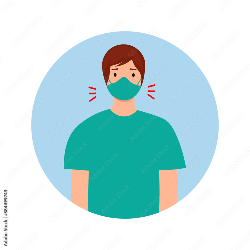 Man with mask.Symptom Coronavirus COVID-19. Icon  dry cough. Vector illustration