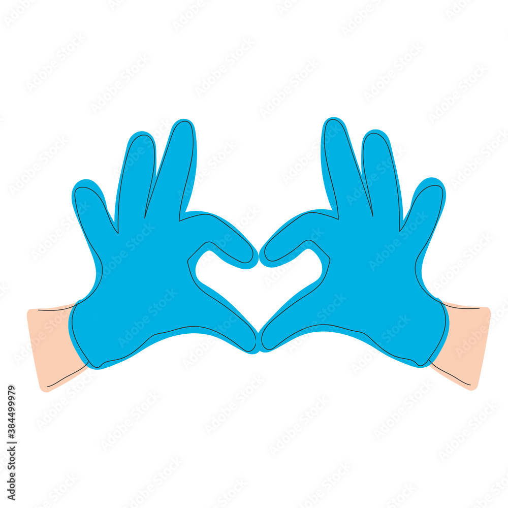 Vector illustration continuous line drawing. Logo, icon, label. Hands in latex glove shows the symbol of the heart. Love our medical professionals Vector illustration continuous line drawing. Logo, icon, label. Hands in latex glove shows the symbol of the heart. Love our medical professionals