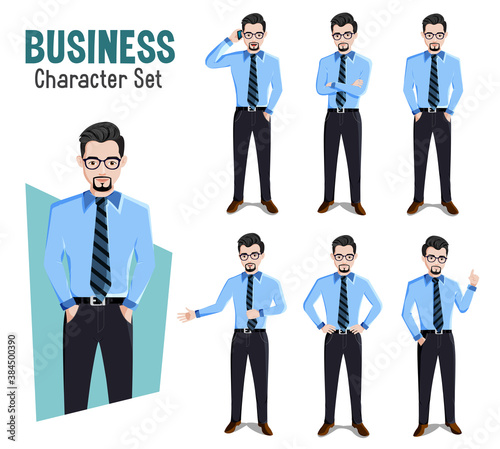 Business man vector characters set. Businessman character boss in different standing pose and gestures for male manager cartoon collection design. Vector illustration. © ZeinousGDS