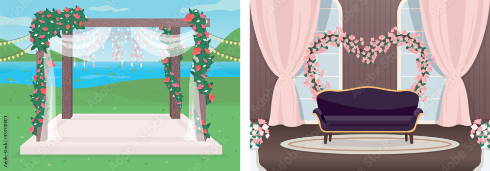 Wedding venue flat color vector illustration set. Marriage event hall.  Elegant floral arch. Reception 2D cartoon interior and landscape with  luxury decoration on background collection Stock Vector | Adobe Stock