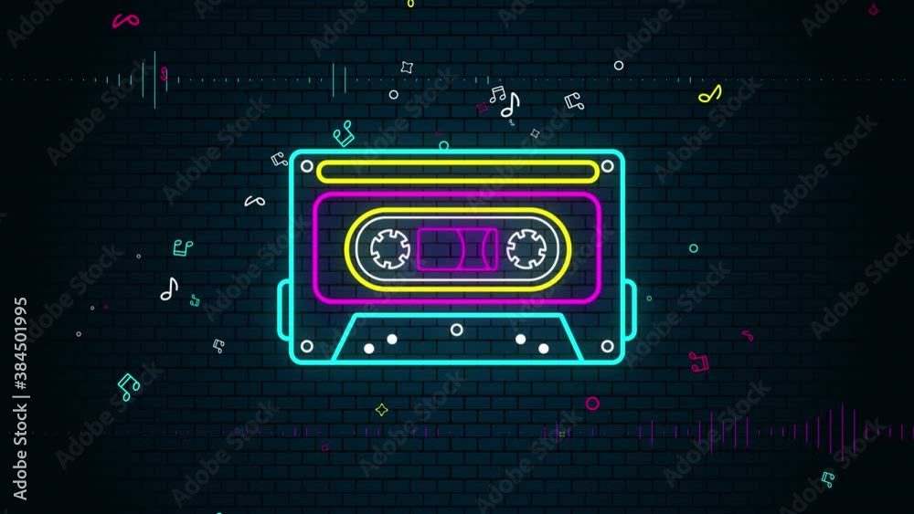neon cassette tape animation template,music notes and spectrum,brick wall background