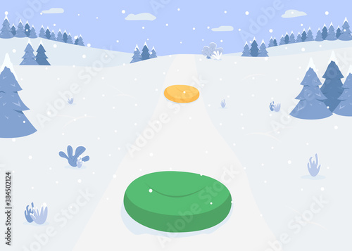 Riding on inflatable ring flat color vector illustration. Snow tube for sledging. Colourful air filled sleds. Winter activities 2D cartoon landscape with snowy forest hills on background