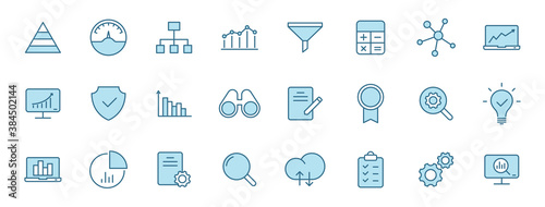 data analytics linear vector icons in two colors isolated on white background. data analytics blue icon set for web design, ui, mobile apps and print