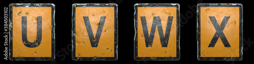 Set of capital letter U, V, W, X made of public road sign orange and black color on black background. 3d