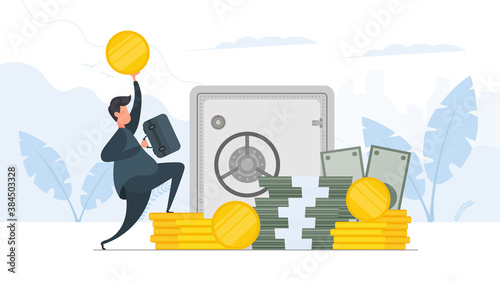 Happy businessman in a jump. Businessman with a suitcase and a gold coin in his hands. Mountain of money. Dollars, bundles of money, gold coins. Vector
