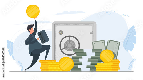 Happy businessman in a jump. Businessman with a suitcase and a gold coin in his hands. Mountain of money. Dollars, bundles of money, gold coins. Vector