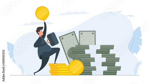 Happy businessman in a jump. Businessman with a suitcase and a gold coin in his hands. Mountain of money. Dollars, bundles of money, gold coins. Vector