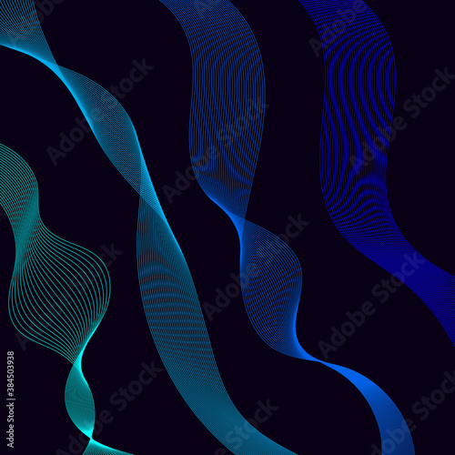 Abstract flowing ribbons of different colors. Wave of the many colored lines. Design elements. Abstract wavy stripes on dark, isolated background. Curved smooth tape. Vector illustration