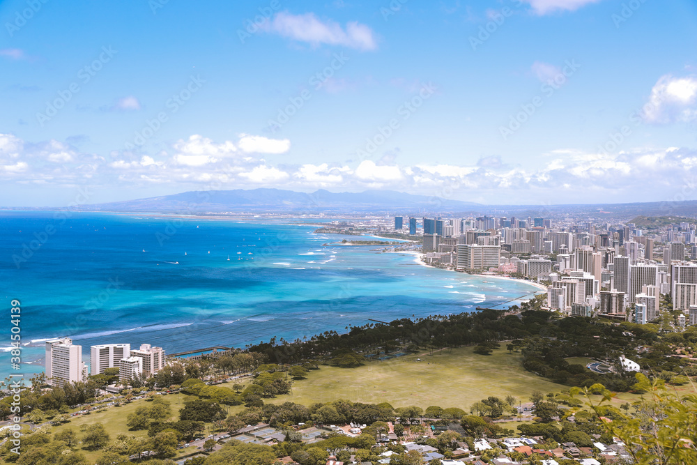 Waikiki Honolulu city coastline view, Diamond head, Oahu, Hawaii
